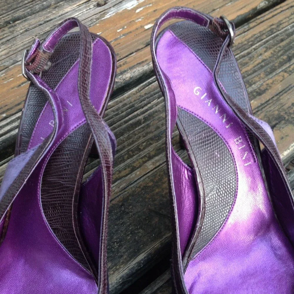Gianni Bini Purple Leather Velvet Heels Size 7.5 SlingBack Round Toe Bow Shoes